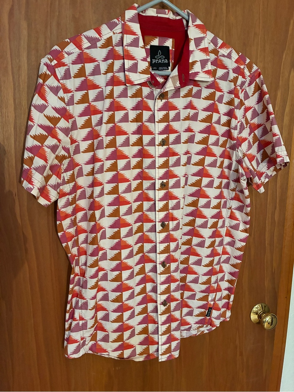 Prana Men's Red, Brown & White Geometric Short-Sleeve Button Shirt
